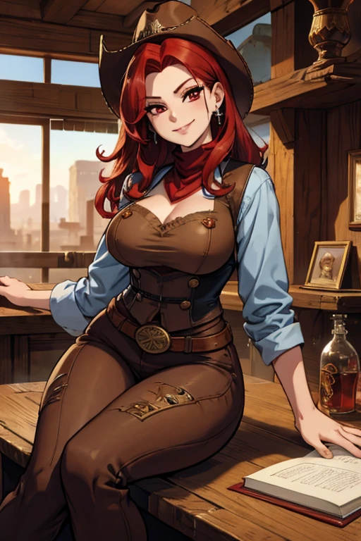 a red haired woman with red eyes with an hourglass figure in a conservative cowgirl outfit is smiling while sitting on a sheriff's desk in a jail in a wild west town