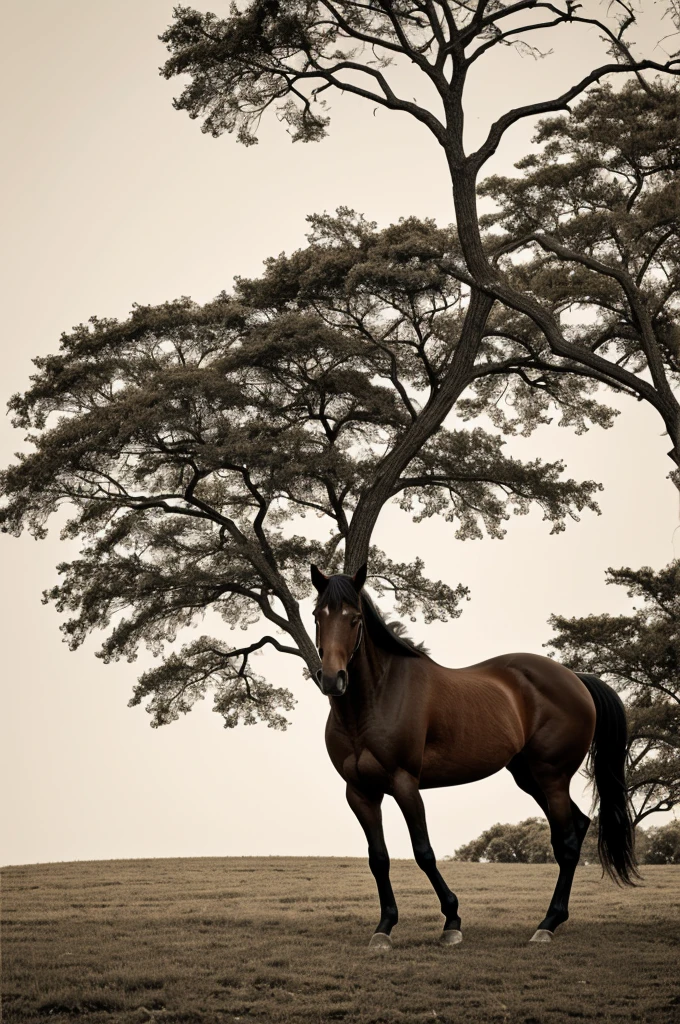 drawing, simple, horse on tree branch, in heights, without soil, tree Top 