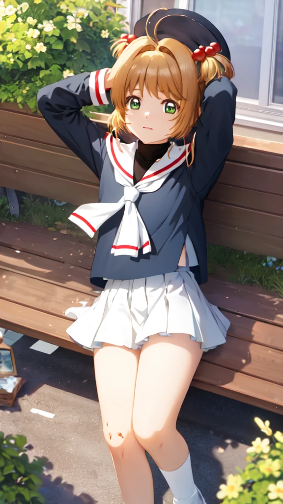 masterpiece, best quality, highres, kinomoto sakura, 1girl, brown hair, short hair, antenna hair, two side up, hair bobbles, green eyes, , white sailor collar, black shirt, long sleeves, white skirt, pleated skirt, sitting, eating, outdoors, bench, food, leaf, (masterpiece, best quality: 1.2),(very detailed face, real image, realistic skin, realistic body, intricate details),1 woman, Kinomoto Sakura, brown hair, alone, skirt, green eyes, Short hair, have, white skirt, white hat, Magic Girl, Antenna hair, laugh, serafuku, pleated skirt, dehisce, looking at viewer, cowboy shot, long sleeves, star (symbol), muffler, lie down in bed with both arms extended above the head and placed behind the pillow, anime girl lying down, expose plump breasts, whole body, plump thighs, Natural Pose, beautifully, cute, Fix errors without any awkwardness, tall, I have long legs, Wearing (tomoeda_초등school_school_Uniform),black top, tennis mini skirt,cry in shame, wearing white ankle socks, random sexy poses