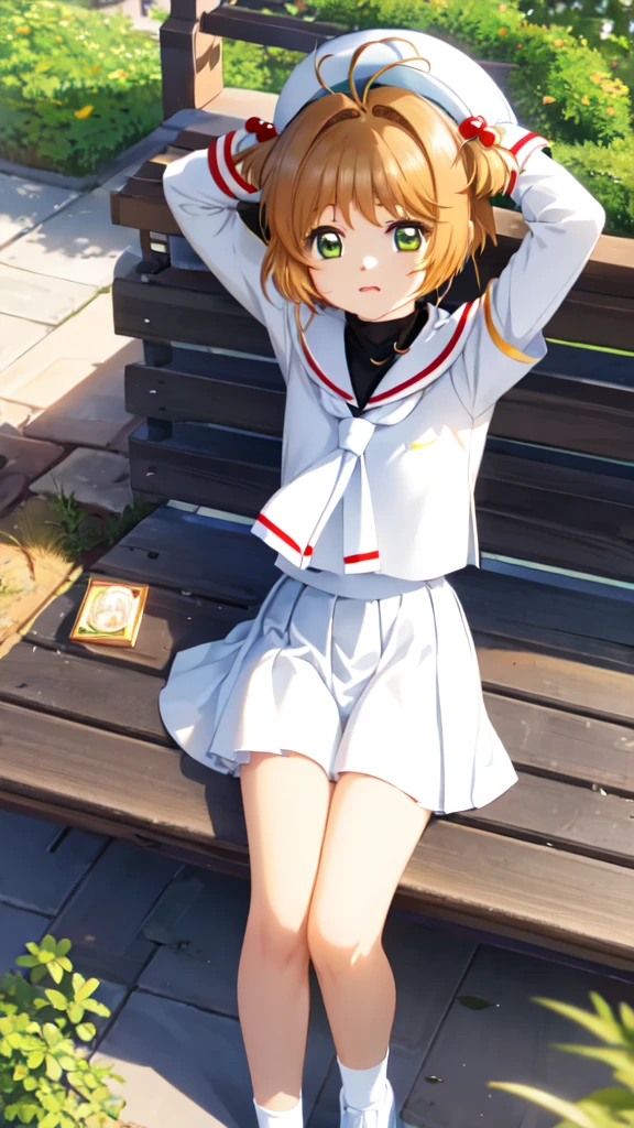 masterpiece, best quality, highres, kinomoto sakura, 1girl, brown hair, short hair, antenna hair, two side up, hair bobbles, green eyes, , white sailor collar, black shirt, long sleeves, white skirt, pleated skirt, sitting, eating, outdoors, bench, food, leaf, (masterpiece, best quality: 1.2),(very detailed face, real image, realistic skin, realistic body, intricate details),1 woman, Kinomoto Sakura, brown hair, alone, skirt, green eyes, Short hair, have, white skirt, white hat, Magic Girl, Antenna hair, laugh, serafuku, pleated skirt, dehisce, looking at viewer, cowboy shot, long sleeves, star (symbol), muffler, lie down in bed with both arms extended above the head and placed behind the pillow, anime girl lying down, expose plump breasts, whole body, plump thighs, Natural Pose, beautifully, cute, Fix errors without any awkwardness, tall, I have long legs, Wearing (tomoeda_초등school_school_Uniform),black top, tennis mini skirt,cry in shame, wearing white ankle socks, random sexy poses