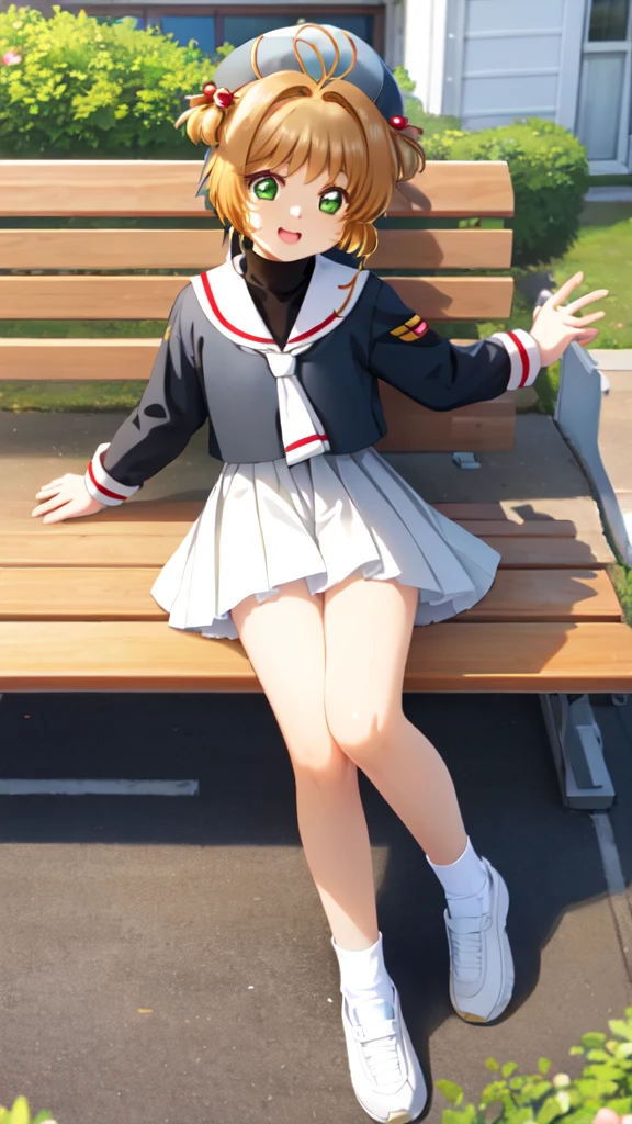 masterpiece, best quality, highres, kinomoto sakura, 1girl, brown hair, short hair, antenna hair, two side up, hair bobbles, green eyes, , white sailor collar, black shirt, long sleeves, white skirt, pleated skirt, sitting, eating, outdoors, bench, food, leaf, (masterpiece, best quality: 1.2),(very detailed face, real image, realistic skin, realistic body, intricate details),1 woman, Kinomoto Sakura, brown hair, alone, skirt, green eyes, Short hair, have, white skirt, white hat, Magic Girl, Antenna hair, laugh, serafuku, pleated skirt, dehisce, looking at viewer, cowboy shot, long sleeves, star (symbol), muffler, lie down in bed with both arms extended above the head and placed behind the pillow, anime girl lying down, expose plump breasts, whole body, plump thighs, Natural Pose, beautifully, cute, Fix errors without any awkwardness, tall, I have long legs, Wearing (tomoeda_초등school_school_Uniform),black top, tennis mini skirt,cry in shame, wearing white ankle socks, random sexy poses