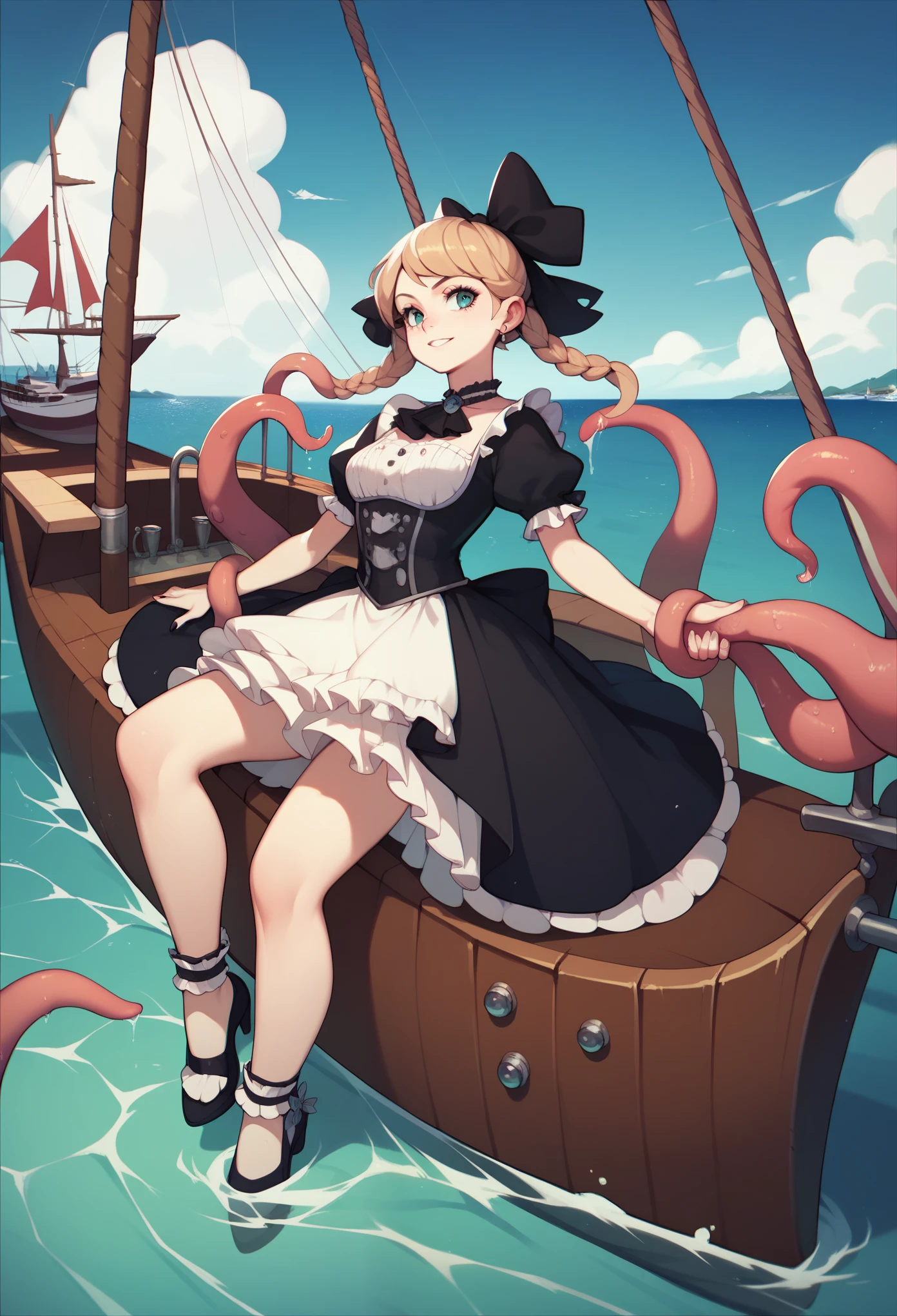 Giant girl leaning out of the sea. She wears a gothic dress, dress with ruffles, Innocent laughter, Grab and sink the ship, Wooden boat. Tentacles extending from the sea, View from the ship.