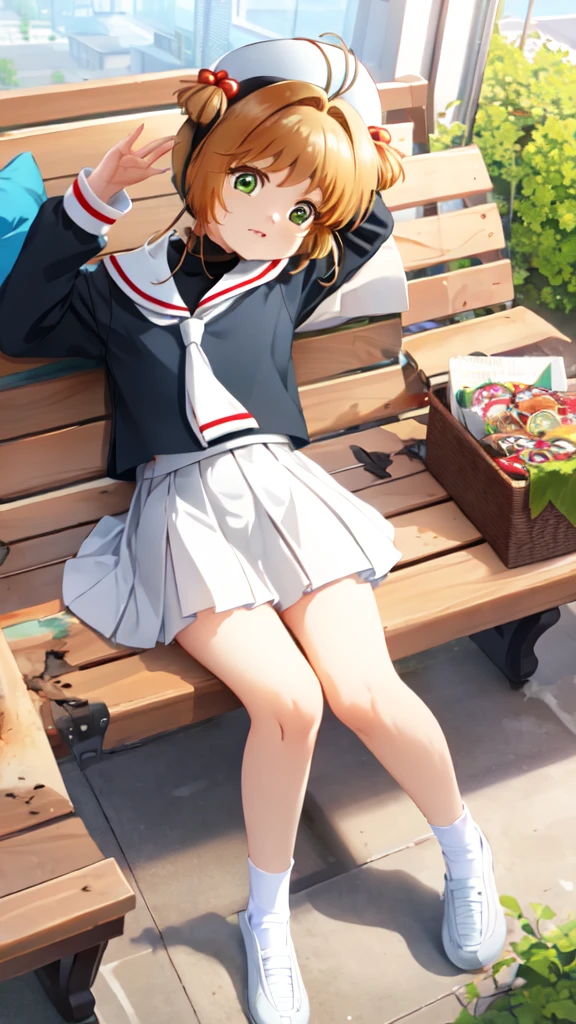 masterpiece, best quality, highres, kinomoto sakura, 1girl, brown hair, short hair, antenna hair, two side up, hair bobbles, green eyes, , white sailor collar, black shirt, long sleeves, white skirt, pleated skirt, sitting, eating, outdoors, bench, food, leaf, (masterpiece, best quality: 1.2),(very detailed face, real image, realistic skin, realistic body, intricate details),1 woman, Kinomoto Sakura, brown hair, alone, skirt, green eyes, Short hair, have, white skirt, white hat, Magic Girl, Antenna hair, laugh, serafuku, pleated skirt, dehisce, looking at viewer, cowboy shot, long sleeves, star (symbol), muffler, lie down in bed with both arms extended above the head and placed behind the pillow, anime girl lying down, expose plump breasts, whole body, plump thighs, Natural Pose, beautifully, cute, Fix errors without any awkwardness, tall, I have long legs, Wearing (tomoeda_초등school_school_Uniform),black top, tennis mini skirt,cry in shame, wearing white ankle socks, random sexy poses