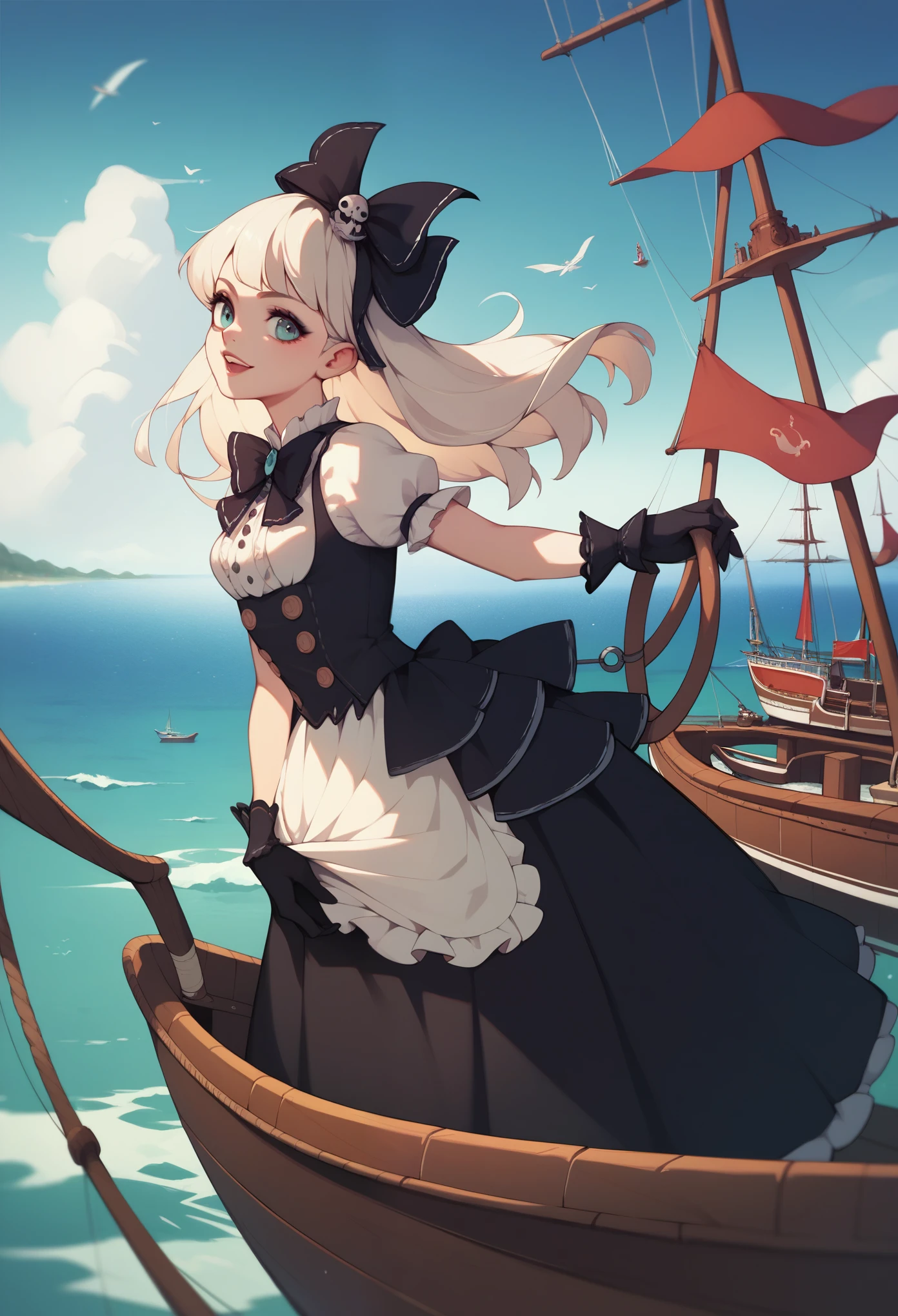 Giant girl leaning out of the sea. She wears a gothic dress, dress with ruffles, Innocent laughter, Grab and sink the ship, Wooden boat. Tentacles extending from the sea, View from the ship.