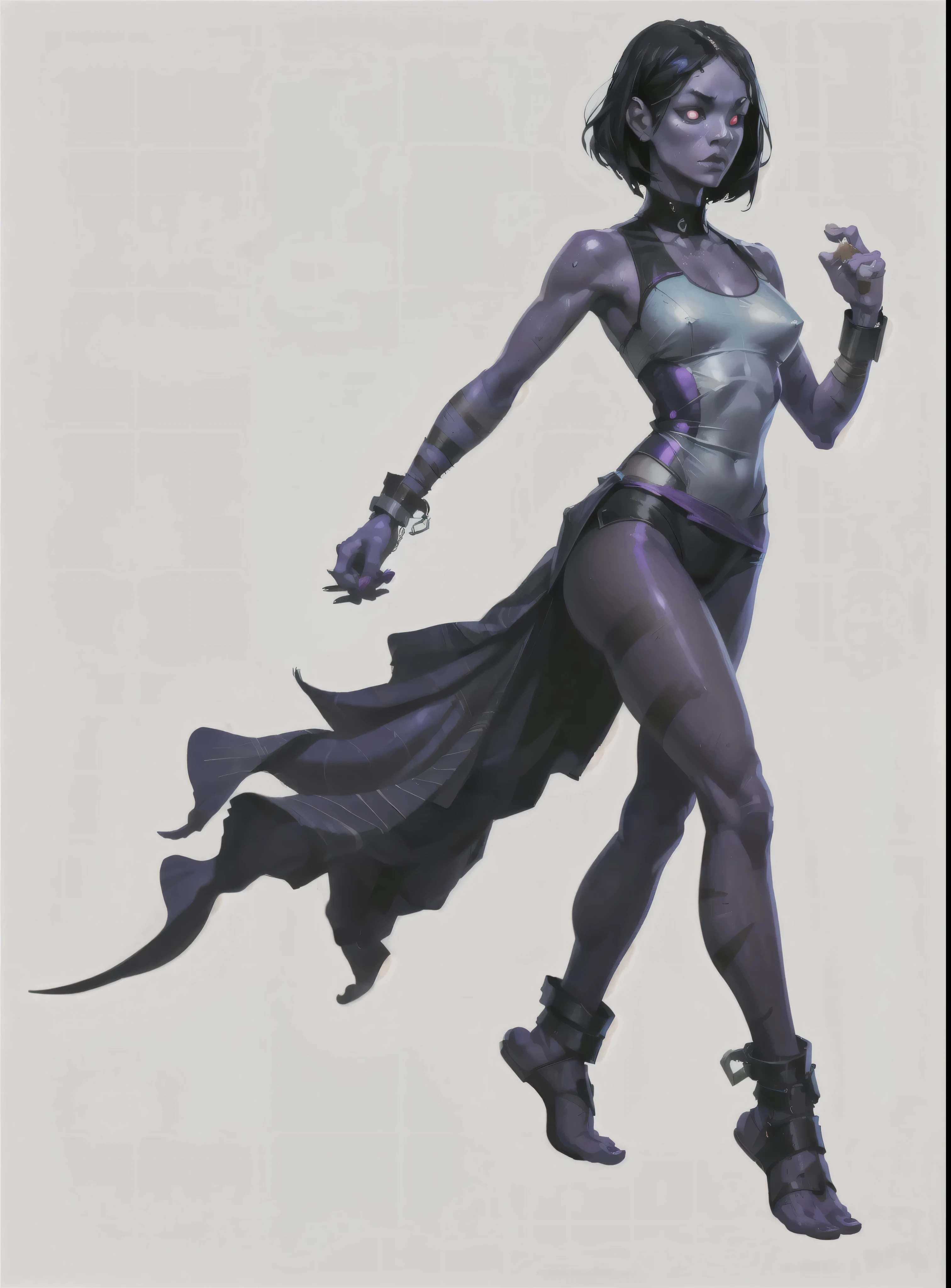 I want a character with a white background, png, full body image, a prisoner, purple person with wooden handcuffs on their necks, walking and shuffling, simple swimsuits and black hair, red eyes, and animalistic posture.
