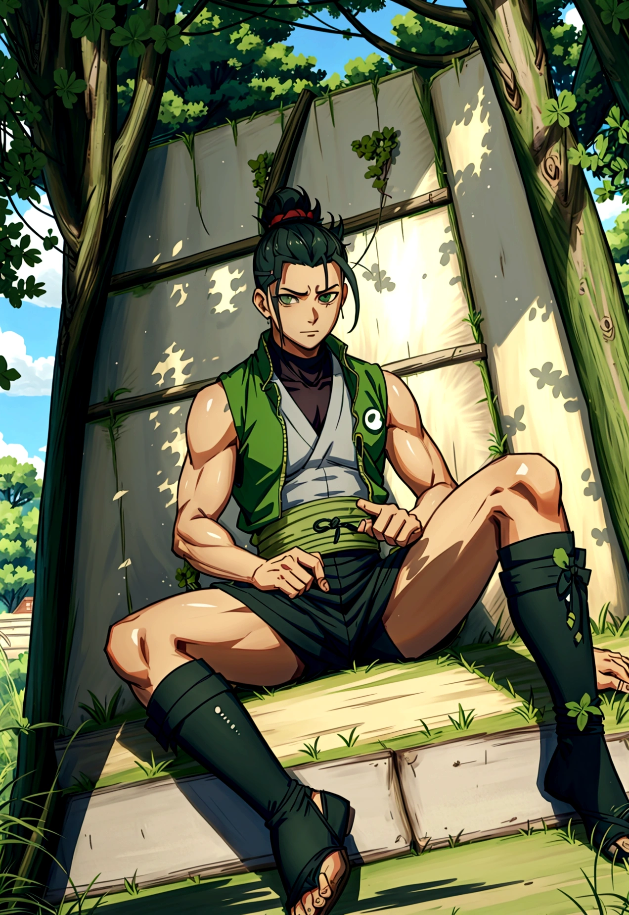 Shikamaru Nara, a character from the anime Naruto, in a quiet and strategic scene. He is sitting in a grassy field under a clear blue sky, with some white clouds slowly passing by. Ao redor dele, there are tall, leafy trees, and the sunlight filters through the leaves, creating a pattern of shadows on the floor.
Shikamaru is in his classic thinking pose, with one hand supporting the chin and the other resting on the knee. He wears his typical ninja outfit from Vila da Folha, with the bandana tied around his forehead and the green Chunin vest. Your gaze is focused and thoughtful, showing your intelligence and strategic planning ability.
Next to you, there is a partially played shogi board, symbolizing his passion for mind games and strategy. Behind him, the shadows of the trees seem to form silhouettes of hands, representing his skill with shadow manipulation jutsu.
The surrounding environment is serene and peaceful, with a light breeze that gently moves the grass and leaves. The image conveys a feeling of calm and reflection, capturing the essence of Shikamaru's relaxed and calculating personality.