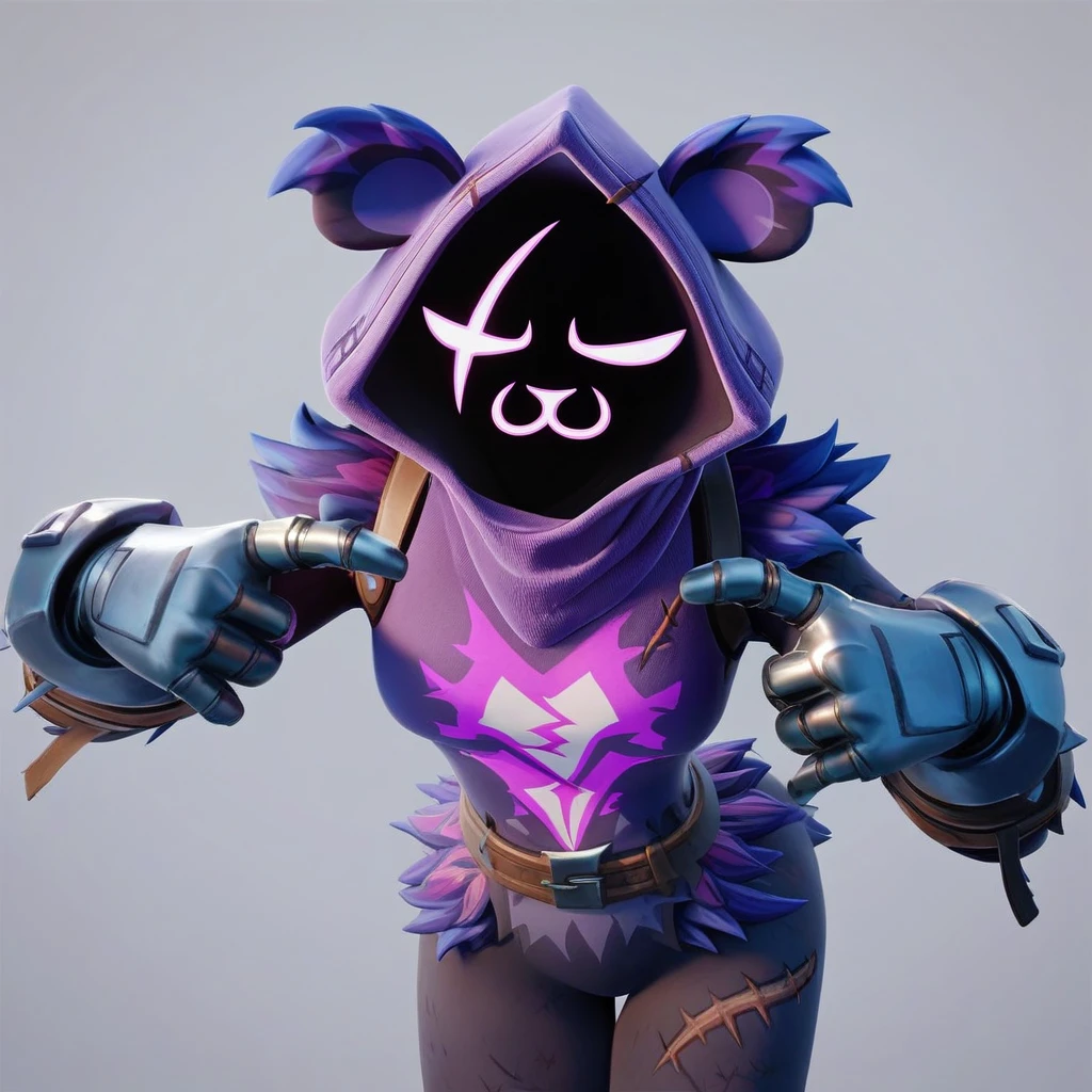 Raven team leader,purple hoodie, with no face, shadowed face, animal ears,purple skin, scar on eye, body skin, purple fur, waist belt, torso symbol, metal gloves, pointing your ass at the viewer, leaning forward, pushing, she closes her eyes, hands resting on top of a small wall, her with her eyes closed, hands are not in the air, expression of force, clear and blue day