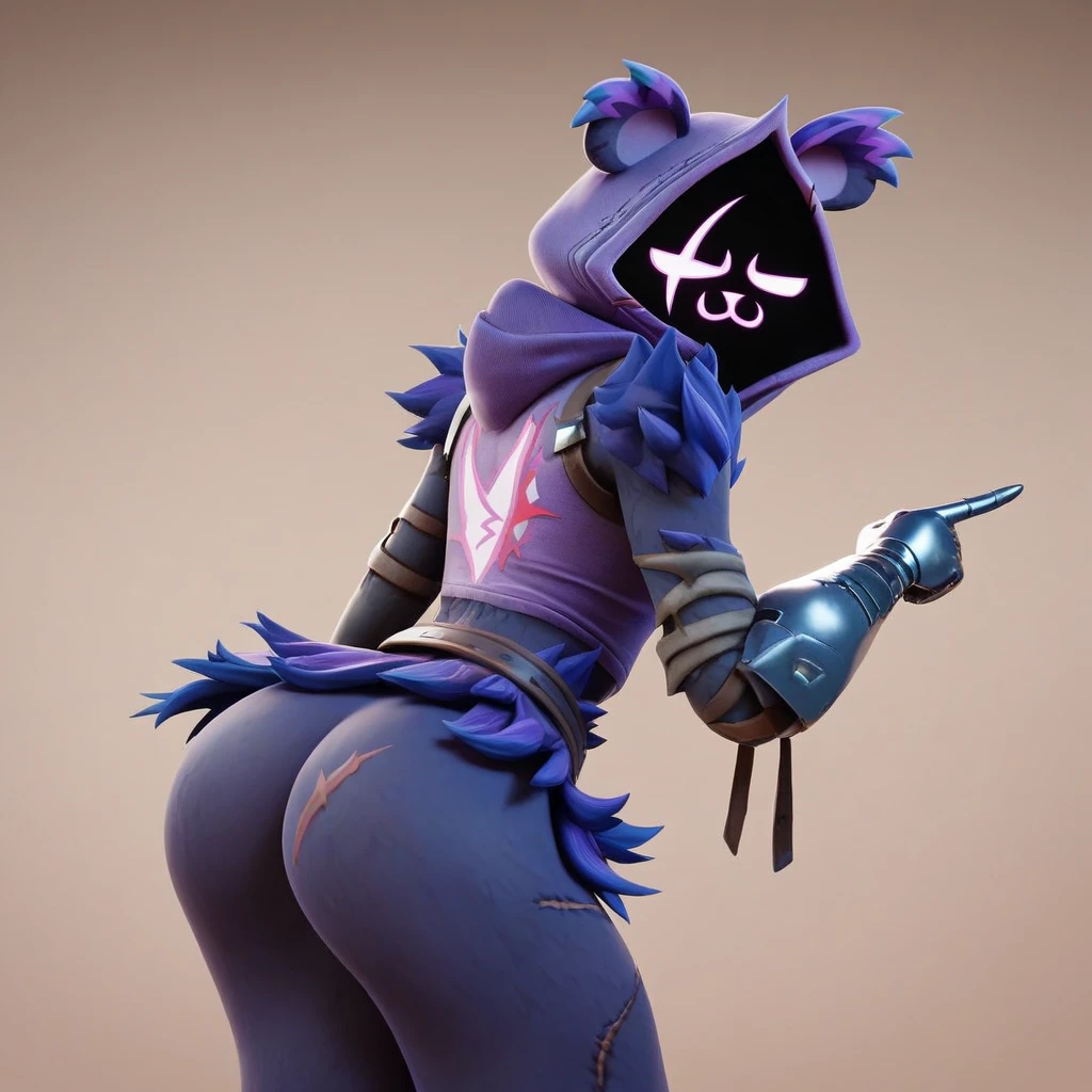 Raven team leader,purple hoodie, with no face, shadowed face, animal ears,purple skin, scar on eye, body skin, purple fur, waist belt, torso symbol, metal gloves, pointing your ass at the viewer, leaning forward, pushing, she closes her eyes, hands resting on top of a small wall, her with her eyes closed, hands are not in the air, expression of force, clear and blue day