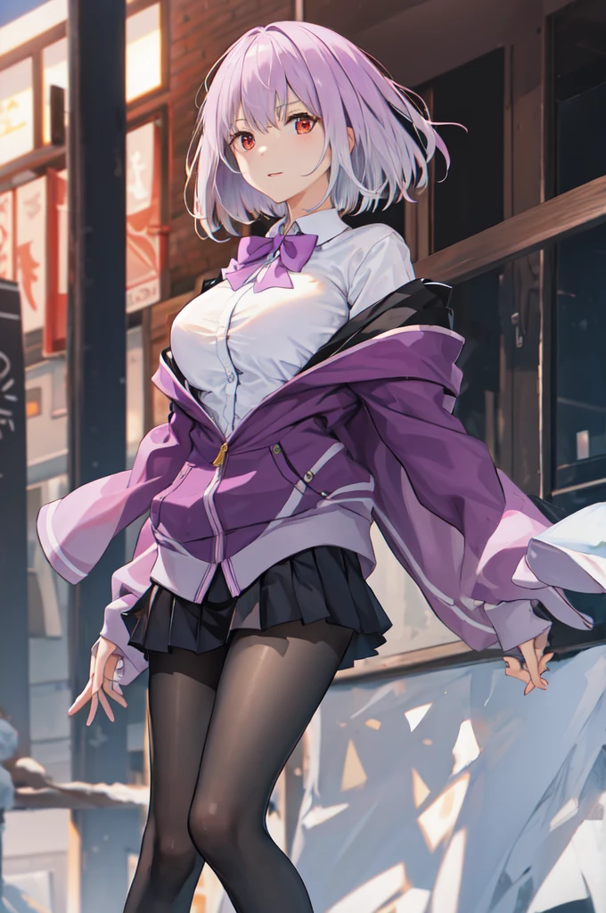 masterpiece, best quality, highres, aaakane, short hair, red eyes, large breasts, purple bowtie, collared shirt, white shirt, off shoulder, purple jacket, partially unzipped, long sleeves, sleeves past wrists, pleated skirt, black skirt, pantyhose, cowboy shot, standing, sky,Corruption,스타킹, 다리꼬기, 