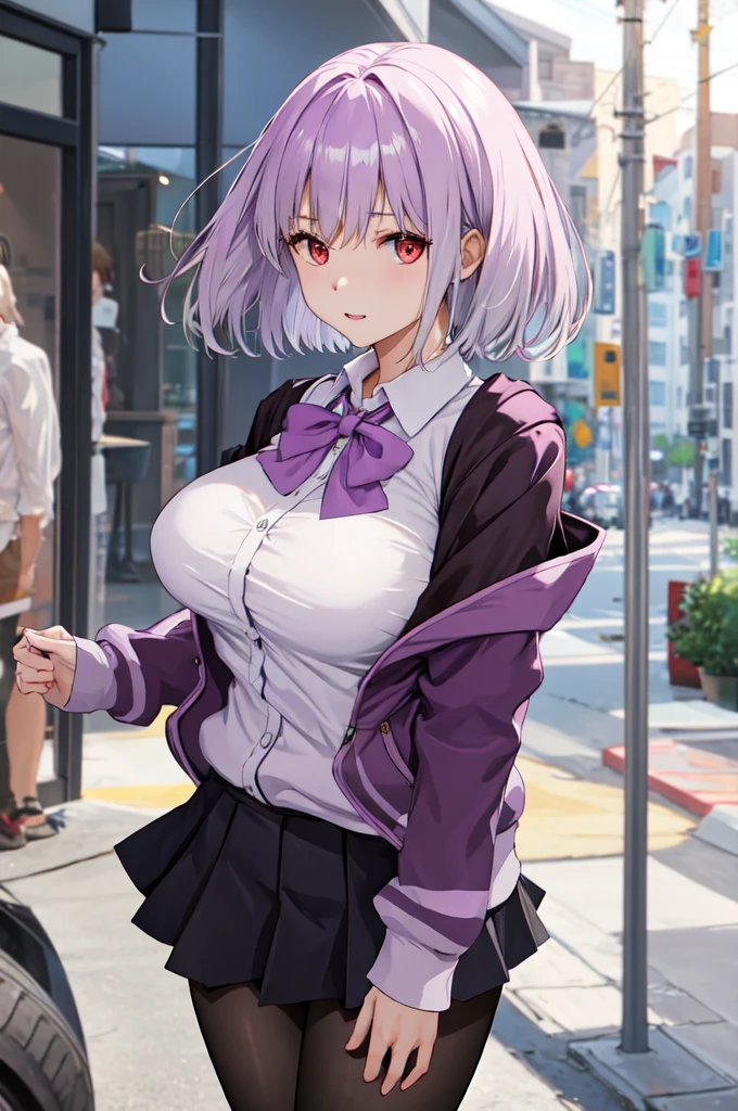 masterpiece, best quality, highres, aaakane, short hair, red eyes, large breasts, purple bowtie, collared shirt, white shirt, off shoulder, purple jacket, partially unzipped, long sleeves, sleeves past wrists, pleated skirt, black skirt, pantyhose, cowboy shot, standing, sky,Corruption,스타킹, 다리꼬기,