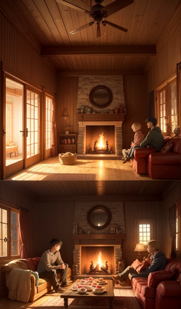 (Anime style, highly detailed), interior of the candy house, warm and inviting. One boy and one girl eagerly eating sweets at a large candy-covered table with a cozy fireplace and flickering flames. Detailed candy and food all around, creating a homely and deceptive atmosphere.