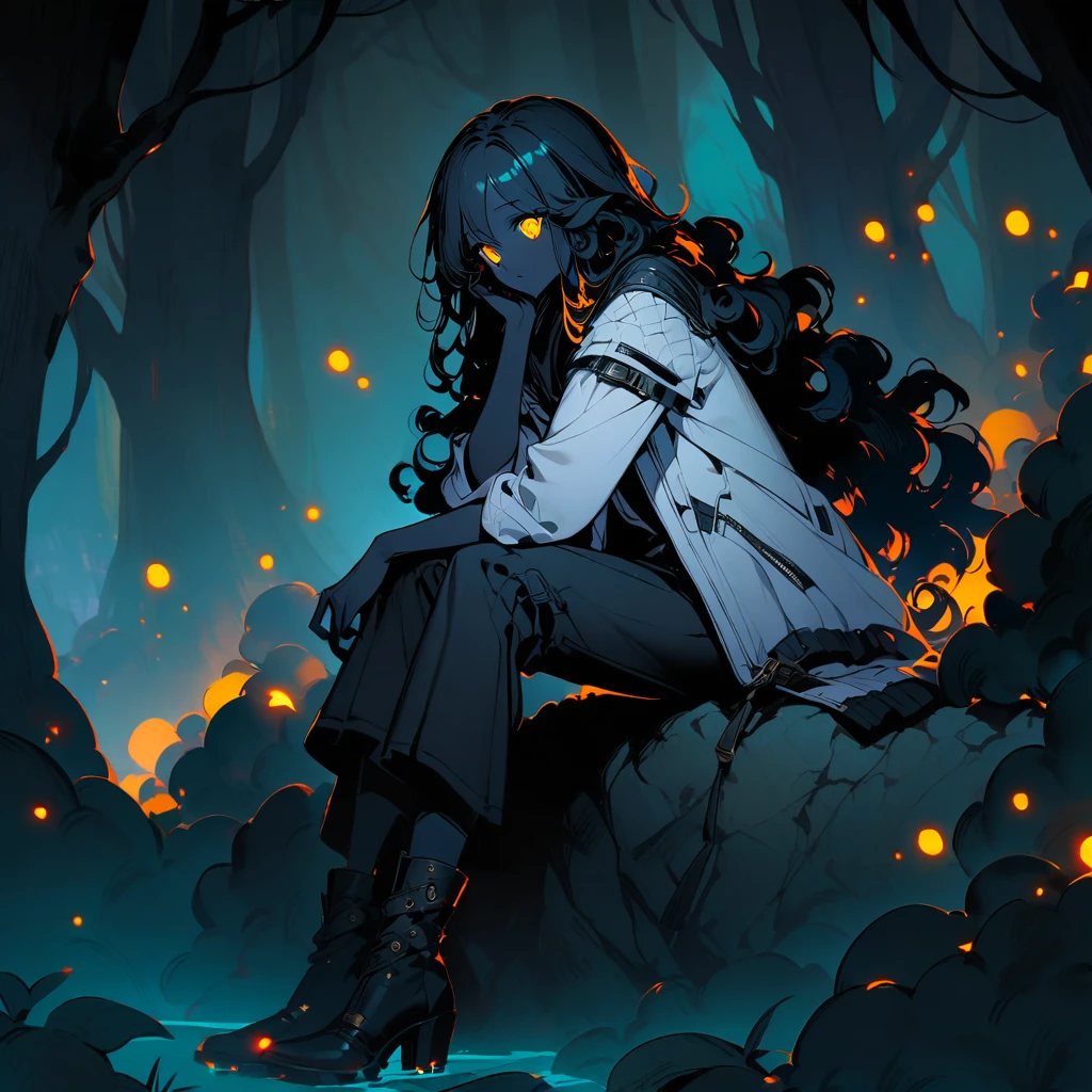 woman, black skin, sheep's tail, ears and horns, curly hair down to her black shoulders, yellow eyes, loose black shirt, white jacket with black details, black pants, black boots.
 sitting on a rock in a forest
