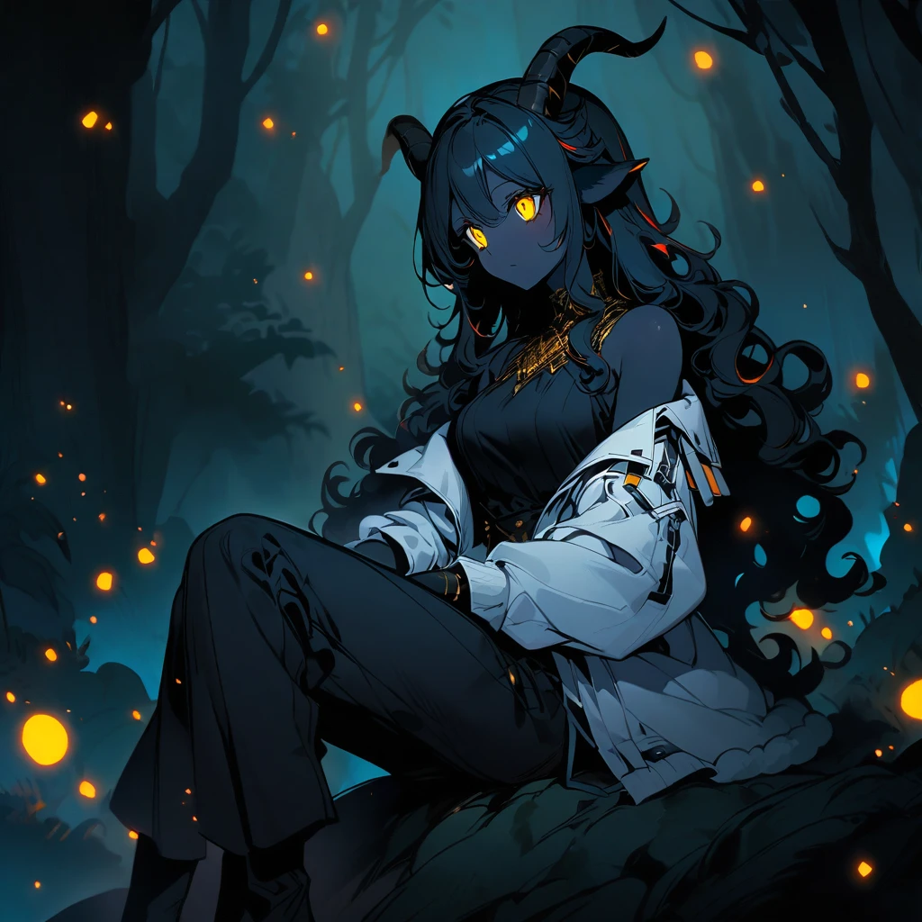 woman, black skin, sheep's tail, ears and horns, curly hair down to her black shoulders, yellow eyes, loose black shirt, white jacket with black details, black pants, black boots.
sitting on a rock in a forest