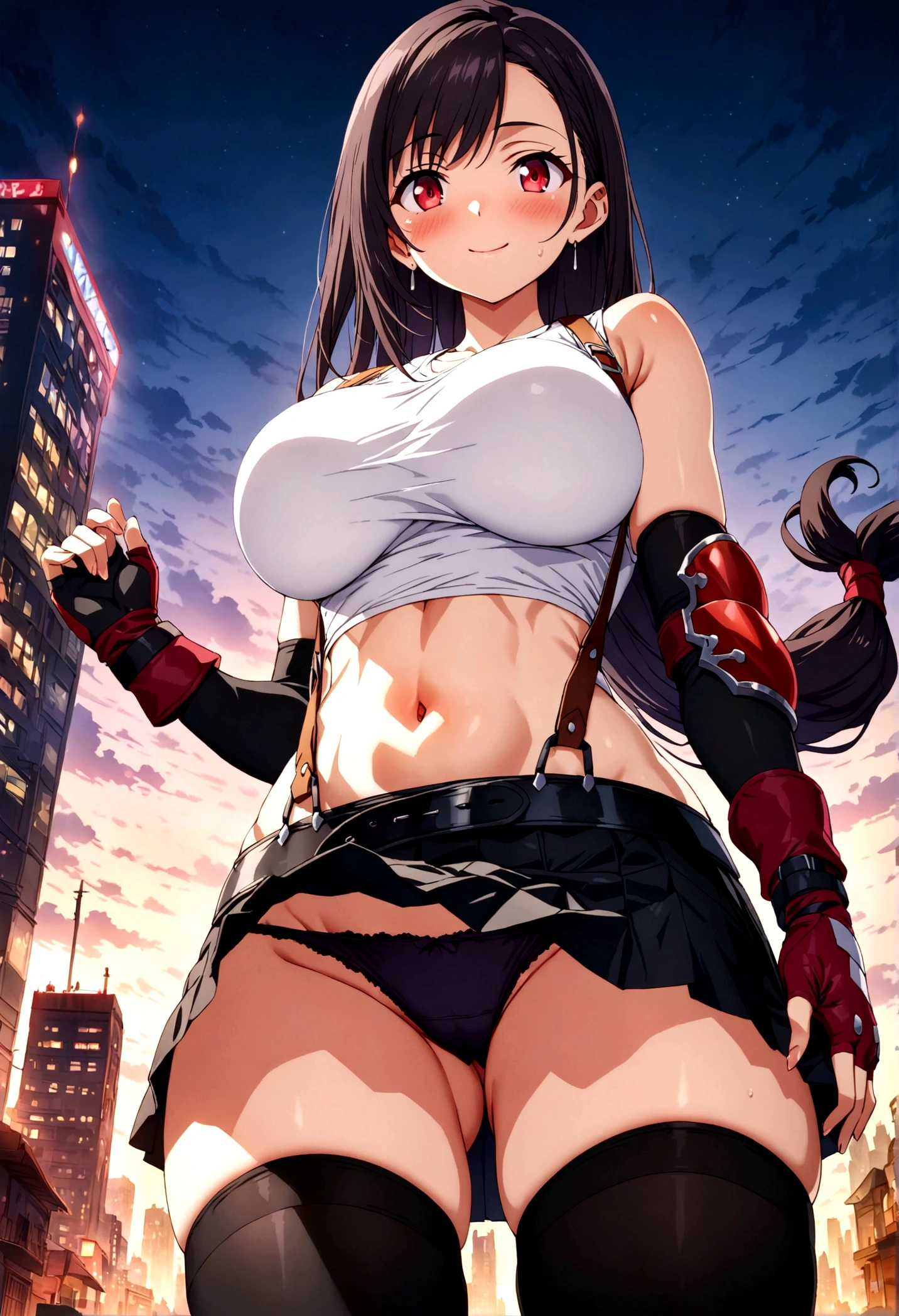 score_9, score_8_up, score_7_up,4k, ,BREAK , from below,from below,breast focus:1 ,below view.standing,straight-on,(skirtlift),,(upperbody:1.5),looking_at_viewer ,1girl, tifa lockhart, final fantasy, tareme,black hair, low-tied long hair, red eyes, bangs, white tank top, belt, pleated skirt, thighhighs, elbow fingerless gloves, elbow pads, midriff, navel,suspender skirt ,large_breasts,(light smile),Curvy waist ,Solo,,(midnight and beachside and city),Toned,,detailed skin,(best quality),(aesthetic,very aesthetic),masterpiece, highres,4k,(ultra-detailed:1.4) (illustration:0.4), (ray tracing,:0.7),(anime colored:0.7),(ai-generated:0.5), (anime screencap:0.8),studio anime,megami magazine,