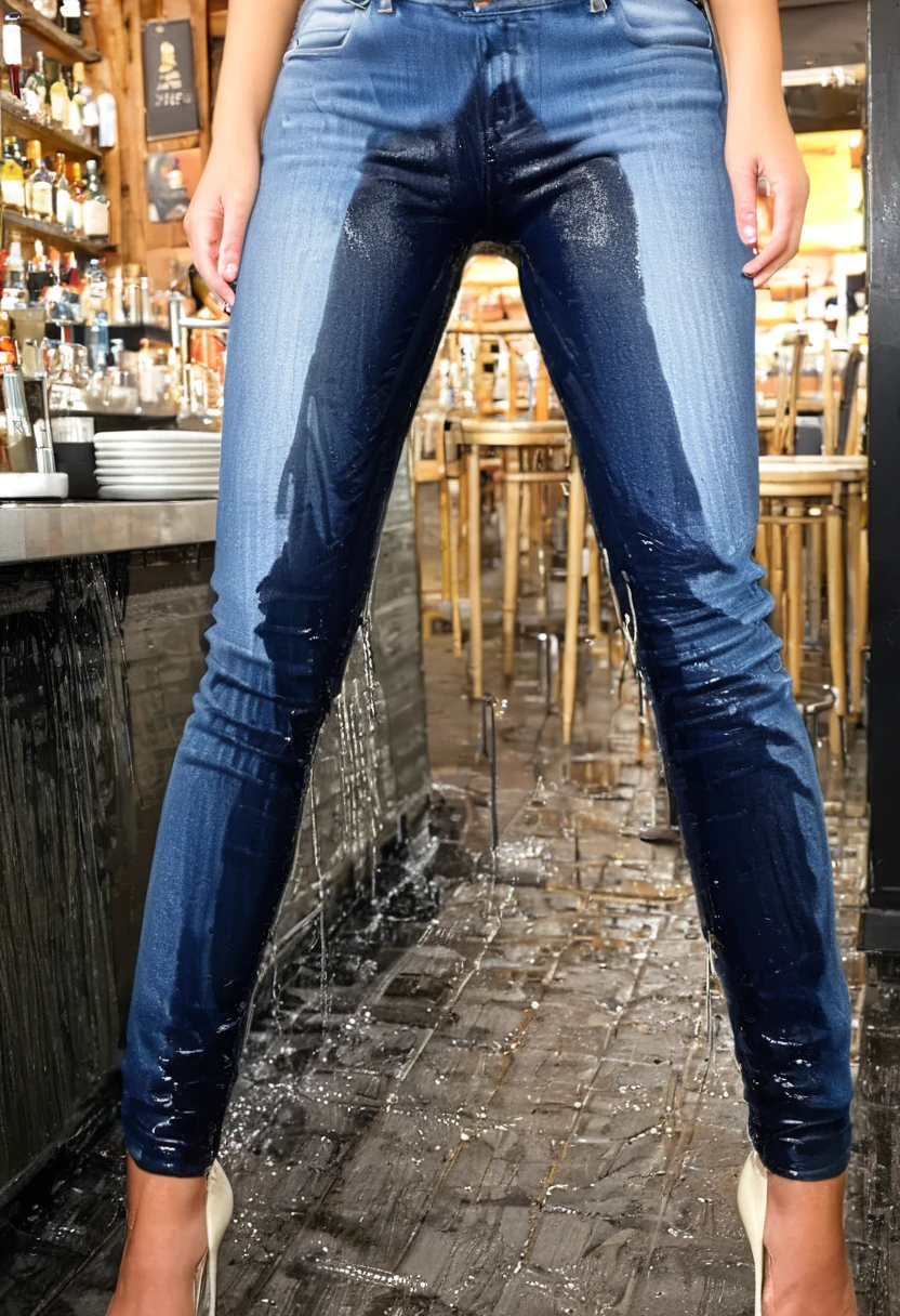 ((head in frame:1.4)), lower legs pf jeans completely soaked, ((rear view)), attractive blonde woman wearing skinny jeans, high heel pumps, white blouse, standing in a crowded bar, wetting, big smile, pee stains are gleaming wet, ((rear view)), (((pee flows up the back center seam of her jeans between the pockets))), (((lower legs of jeans are soaking wet))), calves of jeans soaking wet, back of jeans soaking wet, side of lower legs soaking wet, pee wicks up between back pockets of jeans to top of pockets