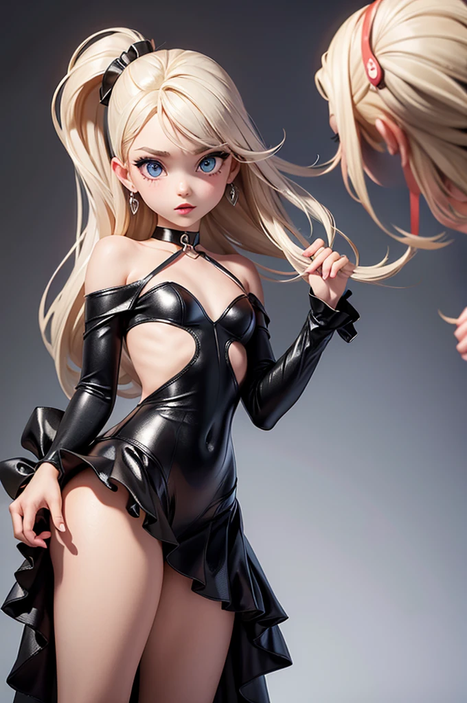hyperrealistic 14 year old american , blonde, perfect tiny body, sexy, dark makeup, small choker, perfect slim face, big red lips, very cute face, tiny body, big eyes, young looking, childish looking, big earrings, silver party top, silver party skirt, perfect belly, showing ass