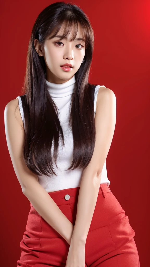 flower,(detailed face),((crotch)),normal breasts,pretty,sleeveless and turtle neck white clothes,4k ,super high resolution ,(photo-realistic: 1.7),red background, black long hair,