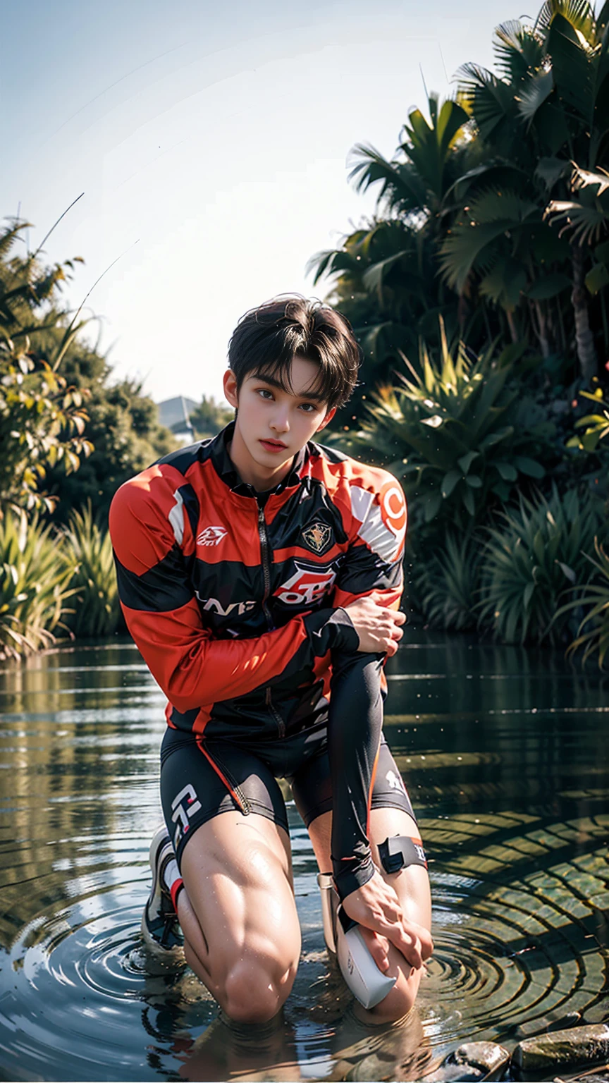 masterpiece,best quality, (A well-built 18-year-old tall boy:1.2), (Kneeling upright in the middle of the stream:1.2),Orange tight cycling suit,male,(Broad shoulders),Muscular shoulders,(Extremely strong body),Fitness,Inverted triangle figure,Biceps,Highlight muscle texture,(Frontal upward perspective), Muscular body,Small head,(Handsome and cute face),V-Shaped Face,Perfectly detailed facial features,sports shoes,Looking at the camera,An angry and serious expression,leaning back,head tilt, happy, very short hair, brown hair,(looking at viewer:1.2),Wide-angle lens