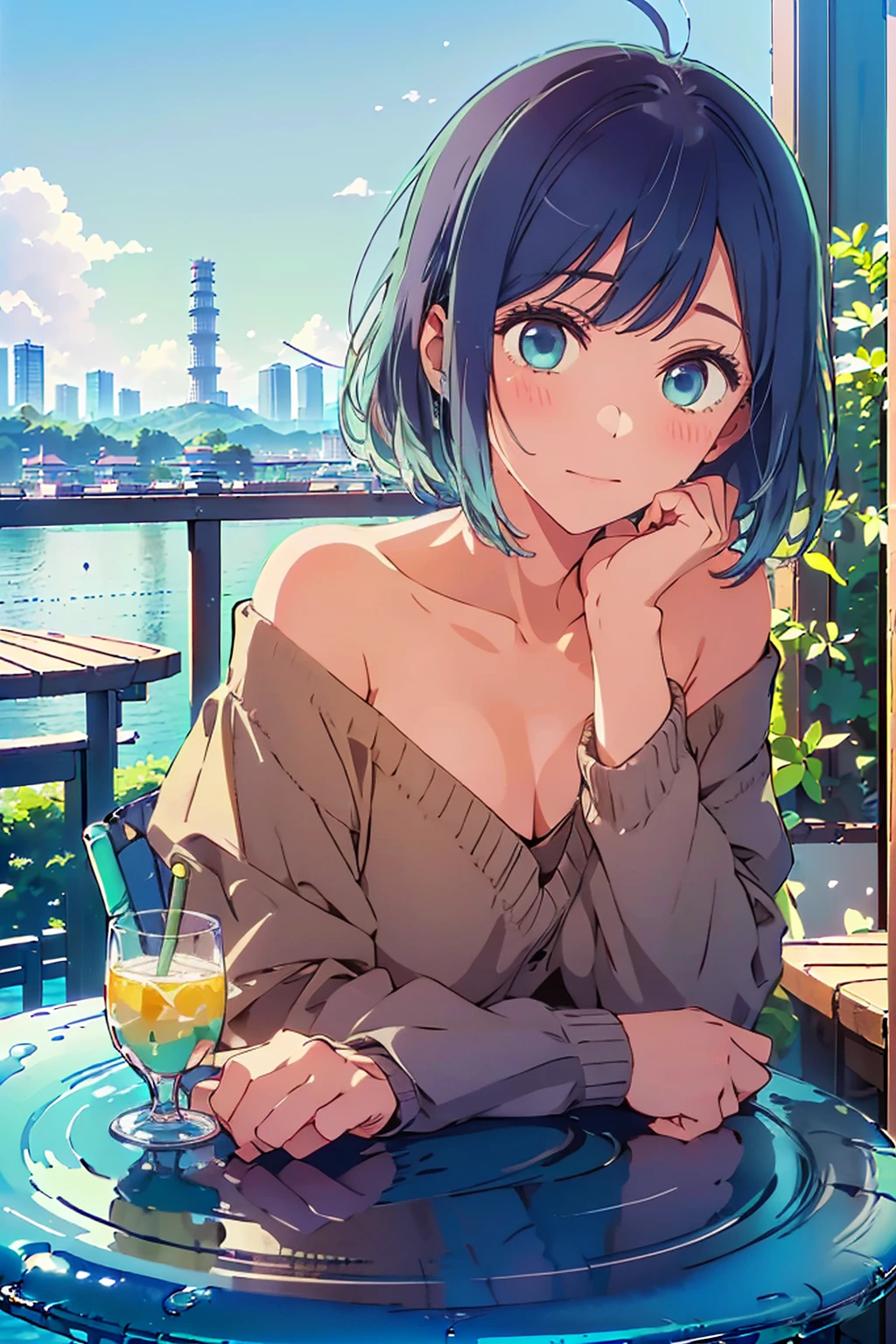 (Highest quality:1.4、masterpiece:1.4、Super detailed:1.4、Ultra-high resolution:1.4、Absurd:1.4、Absolute Resolution:1.4、8K:1.4)、Slim body、Big Breasts、((((1 person、Surprised expression、sit、Chair、In the background are the urban buildings of Tokyo、looking at the camera、coastal、Outdoor café terrace、juice、Get up close and take a photo、Shooting from an angle、table、Very cute face))))、((((nude、very beautiful areola))))、(Pose with hands tucked behind ears:1.4、Cheek resting on hand:1.4)、(((Take off the black off-the-shoulder cardigan)))、Very blue sky、A completely cloudless sky