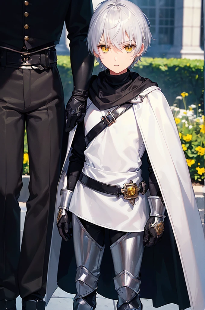 (masterpiece; best quality: 1.2), (finely detailed eyes: 1.3), ((1 male young ???)), ((solo)), (yellow eyes: 1.4), (adorable; short, slender: 1.3), (short white hair: 1.3), (beautiful and clear background: 1.2), ((depth of field)), (clothes: silver armor + black turtleneck + black pants + black cape + black gloves + satchel on side + greaves: 1.3), (anime illustration: 1.2), (background; garden exterior: 1.1), (extremely fine and handsome: 1.1), (shot composition; standing + close-up: 1.5), (expression; calm, stoic: 1.2)