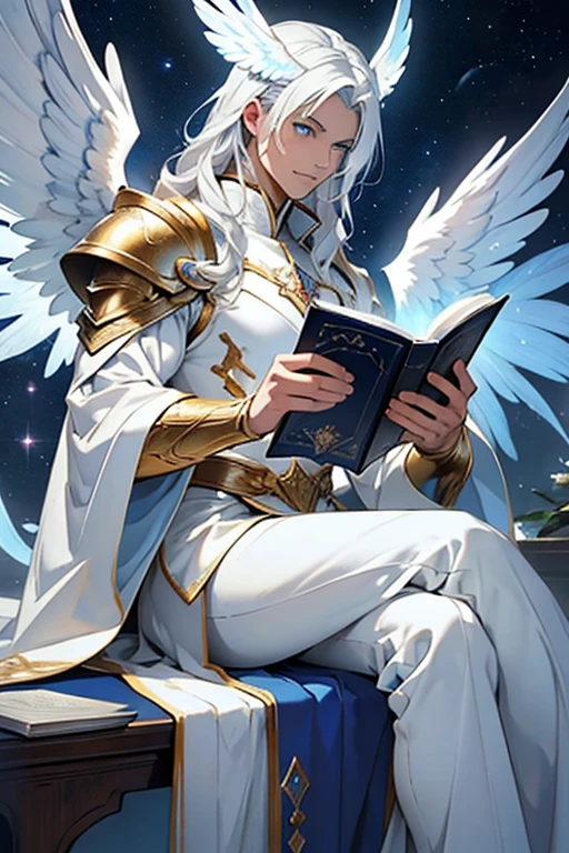 tall muscular man. Eyes that shine blue. long white hair, light skin and white angelic armor with white angel wings, wings of white fire and a book in hand. It is sitting in a beautiful galactic setting, looking at the stars and planets. detailed face. defined muscles. Excellent lighting. Wise and gentle countenance.