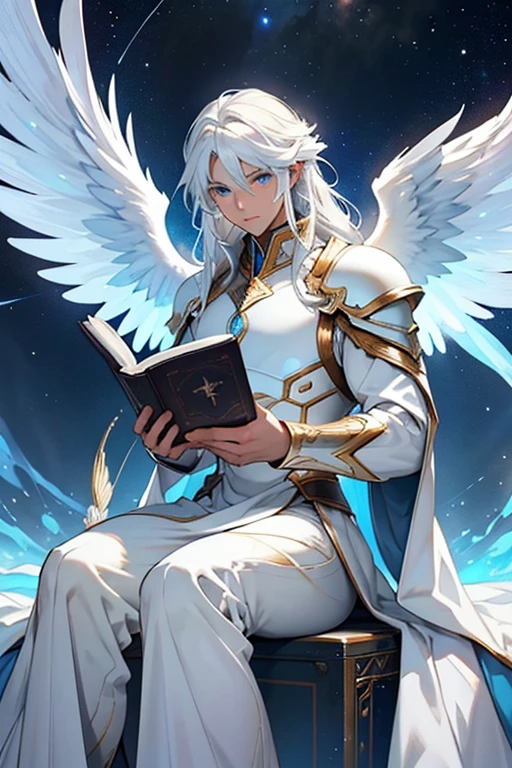 tall muscular man. Eyes that shine blue. long white hair, light skin and white angelic armor with white angel wings, wings of white fire and a book in hand. It is sitting in a beautiful galactic setting, looking at the stars and planets. detailed face. defined muscles. Excellent lighting. Wise and gentle countenance. 