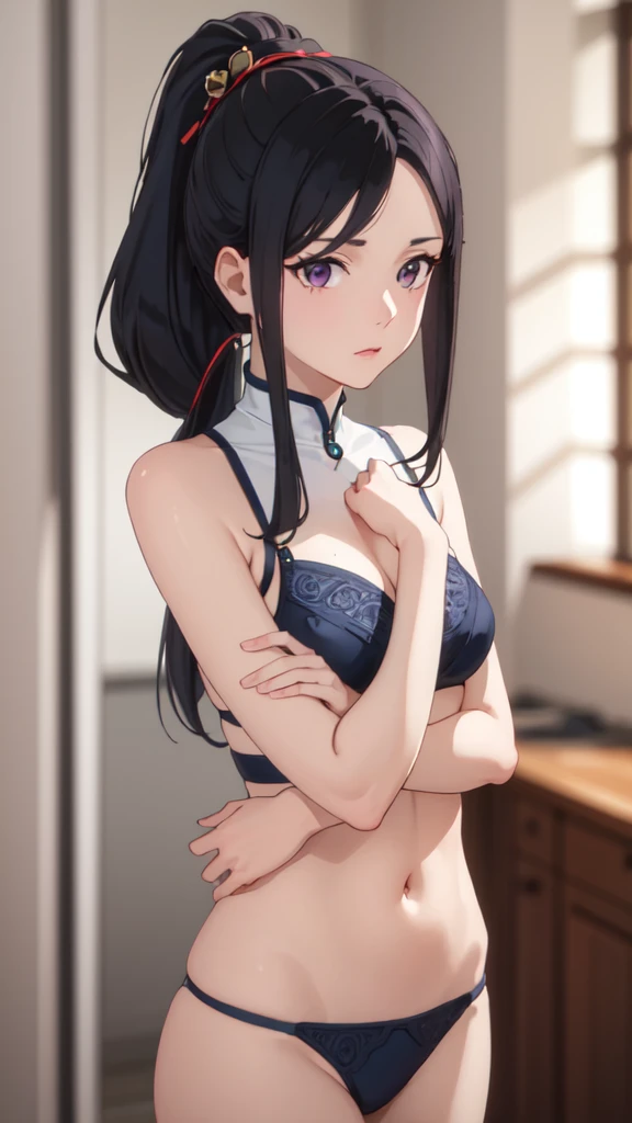 photorealistic, (4k), depth of field, (Masterpiece), (realistic skin texture), extremely detailed, intricate, hyper detailed, professional photography, bokeh, high resolution, sharp detail, best quality, woman, long hair, black hair, ponytail, hairpin, purple eyes, bikini, looking at viewers eyes