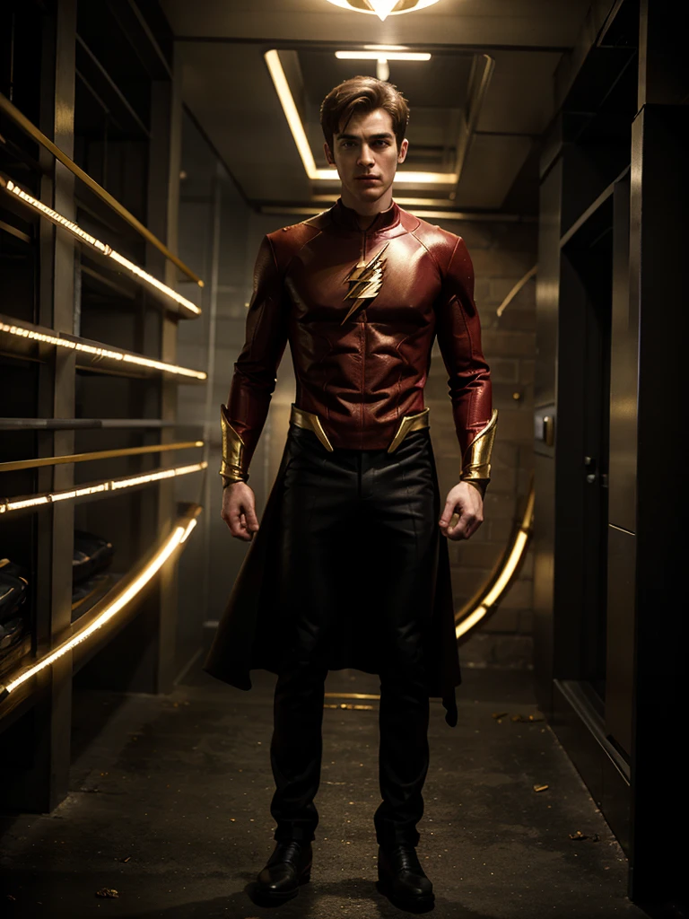 Superhero Barry Allen Flash in black clothing with gold details