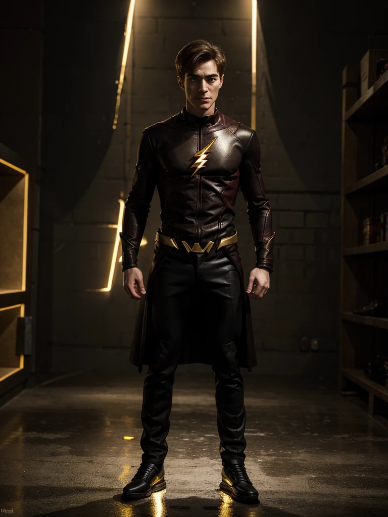 Superhero Barry Allen Flash in black clothing with gold details 