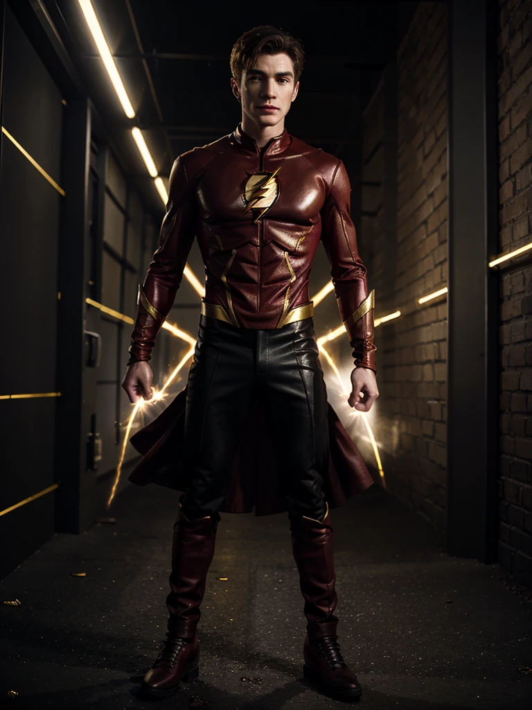 Superhero Barry Allen Flash in black clothing with gold details