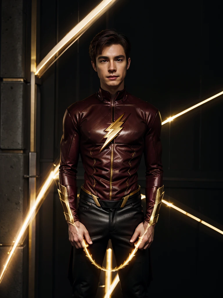 Superhero Barry Allen Flash in black clothing with gold details 