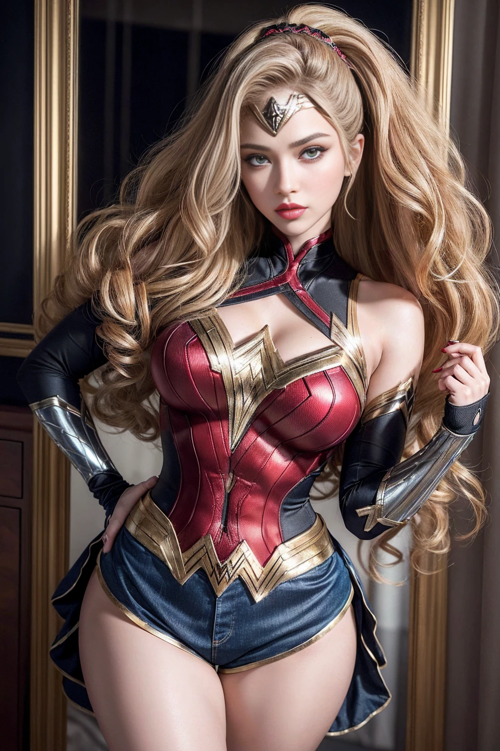 1 girl, ((())), (((Perfect body))), masterpiece, best quality, 8K, Extremely detailed skin texture, Extremely detailed fabric texture, Beautiful and delicate face, (((Extremely beautiful))), Intricate details, Extremely detailed, ((Wonder Woman-style Black Widow)), (((Curly Blonde))), Extremely beautiful blonde, (((Extremely detailed long hair))), big red hairtie, Ponytail, Dynamic poses, ((Clothes that show thighs)), (Extremely detailed legs), ((shorts)), ((skirt)), (((Wide hips))), (Extremely detailed thick thighs), Sexy, Seductive pose, (((Extreme hourglass figure))), Extremely detailed deep red lipstick, Extremely detailed lips, Extremely detailed blue eyes, Beautiful appearance, (Slanted eyes), Extremely detailed provocative mouth, Extremely beautiful seductive lips, blush, Professional Makeup, Eyeshadow.