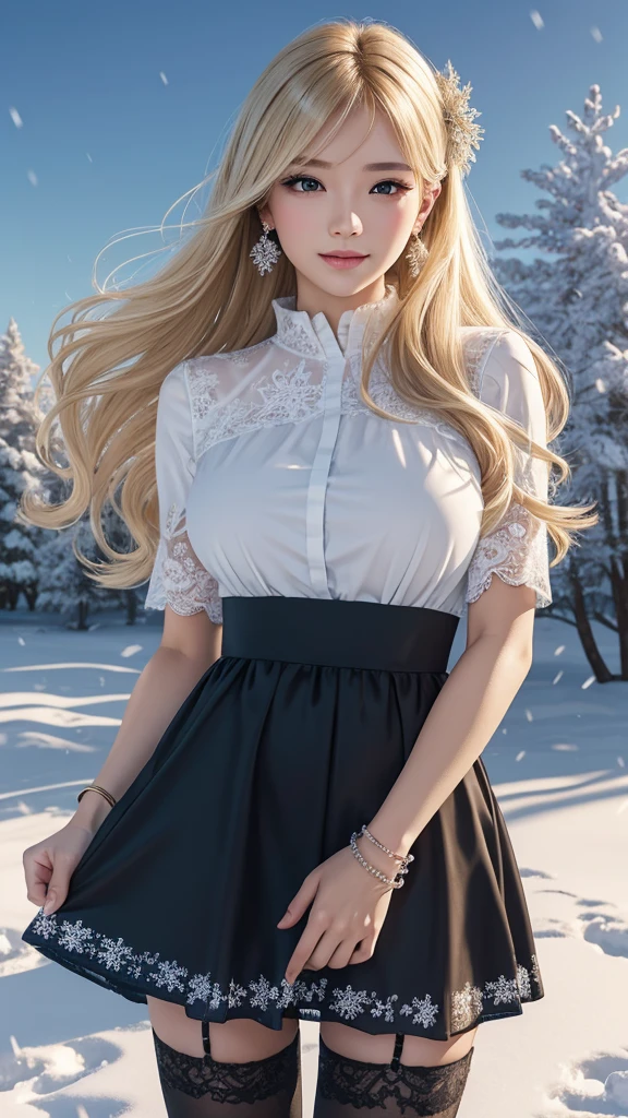 Winter gives snowflakes to Spring. His enjoyable expression, the shine of the snow he holds, and the landscape of the snowy field behind him are impressive. 8K , HD, highly detailed, realistic, photography, photo realism --ar 9:16 -- at 6.0 --s 750,alone, Long Hair, View your viewers, Blonde, Brown eyes, gem, whole body, Realistic, Sexy、Big Breasts 、stockings、clip on earrings,during,bracelet、embarrassed,blouse、princess dress