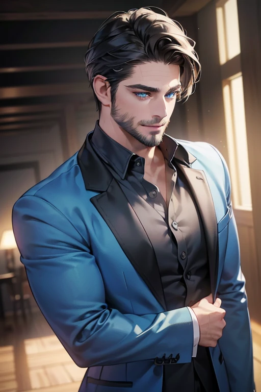 a handsome 35 year old man, 3 day beard, dark hair, sharp jawline, (mesmerizing blue eyes), perfectly styled hair, wearing cool anime outfitt, dynamic lighting, (CEO), (expression, smile in love), (best quality,4k,8k,highres,masterpiece:1.2),ultra-detailed,(realistic,photorealistic,photo-realistic:1.37)