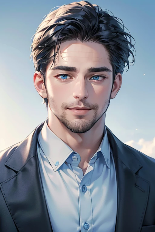 a handsome 35 year old man, 3 day beard, dark hair, sharp jawline, (mesmerizing blue eyes), perfectly styled hair, wearing cool anime outfitt, dynamic lighting, (CEO), (expression, smile in love), (best quality,4k,8k,highres,masterpiece:1.2),ultra-detailed,(realistic,photorealistic,photo-realistic:1.37)