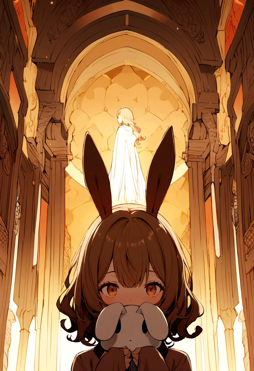 1 woman, honey eyes, brown curly hair, looking to the horizon, hiding face behind bunny plushie