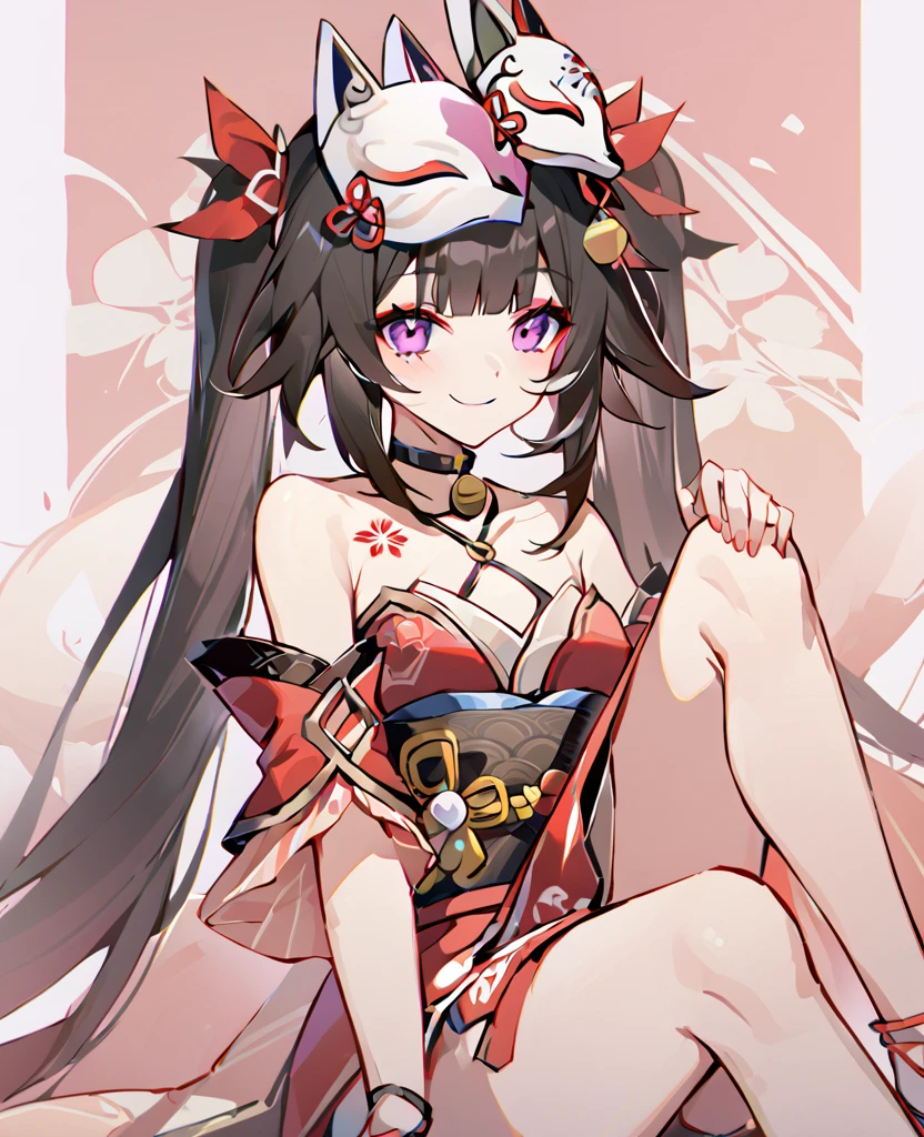 huahuo, 1girl, single_glove, mask on head, sash, black hair, twintails, purple eyes, obi, (fox mask:1.1), single glove, japanese clothes, (Cherry blossom tattoo, chest tattoo:1.1),smile,sit,Knee Up,Pants visible from between the legs,