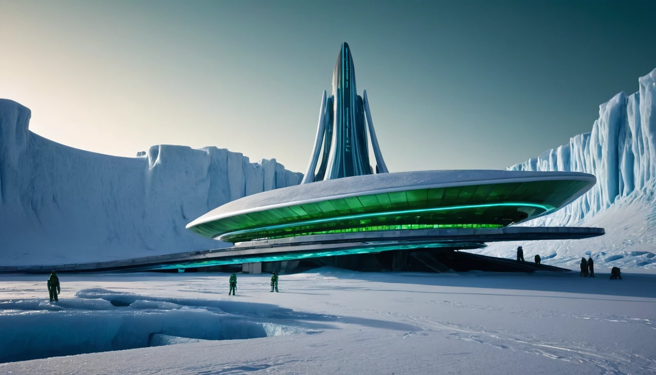 On a frozen planet, an alien spaceship of futuristic and organic design is parked on the icy surface. The ship has an imposing structure with curved shapes and luminous details that shine with blue and green tones.... Several members of the alien crew descend an extended ramp from the ship... These aliens have exotic shapes., with vibrantly colored skins and space suits adapted to the icy environment, showing advanced and incomprehensible technologies. In the background, A minimalist and brutalist concrete station is erected.. The station has straight and robust lines., with a solid and monolithic appearance, contrasting with the icy surroundings. The structure is simple but imposing., with large concrete blocks, small windows and thick walls that seem impenetrable.The sky is a deep blue with a faint glow of distant stars., and the surface of the planet is covered in ice and snow., reflecting the faint light of the distant sun. The atmosphere is cold and silent., with an air of mystery and adventure. cinematic lighting, very high resolution, 4k hyperrealistic image