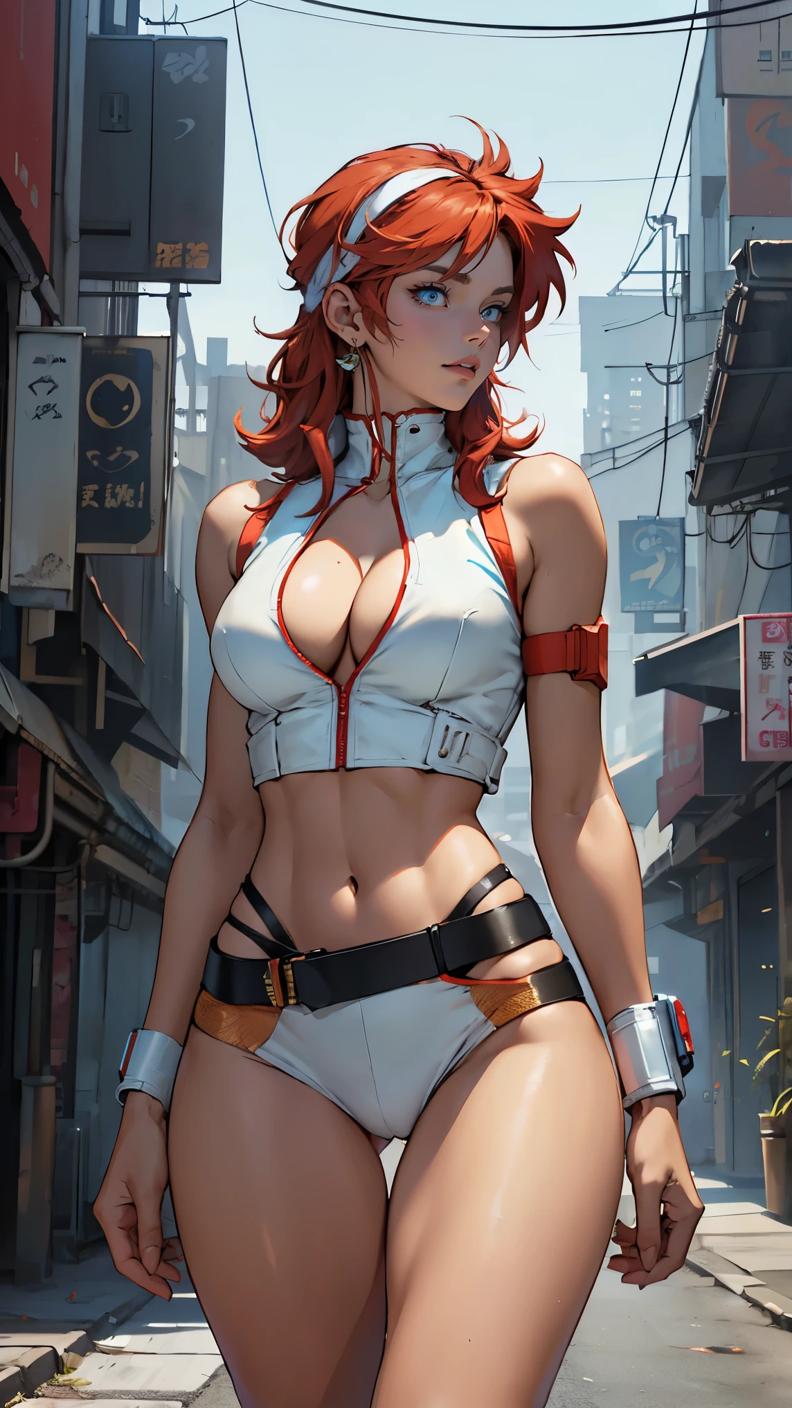 ((Masterpiece, highest quality; 1.3)), super quality, beautiful detail, super detailed, extra fine, 16K, exquisite, absurd, high resolution, beautiful background, detailed background, beautiful eyes, beautiful skin, anime style, Kay from Dirty Pair in a white outfit, tight outfit, cleavage, bushy redhead beauty, very light blue uniform, wearing tight clothes, skimpy, (mid chest: 1.2), cleavage, cleavage, slim waist , thin waist, slim thighs, thin legs, slim legs. thigh gap, showing stomach, skinny, thin hips, cyberpunk city background, holding retro space gun , headband,