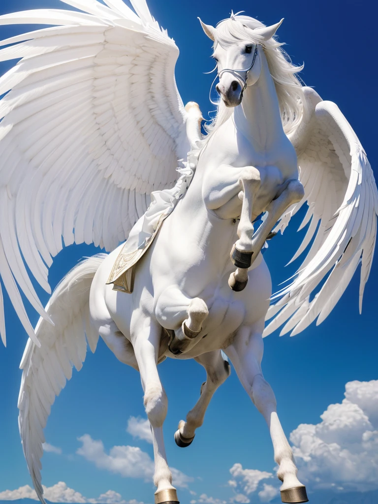 (((Highest quality, masterpiece, Ultra-high resolution, Realistic:1.4, RAW Photos, 非常にdetailed, Perfect Anatomy, A pure white Pegasus:1.5,Pegasus is pure white and has long wings.,Pegasus has long wings and is about to take off.:1.5,Full body photo,)))((Highest quality)), ((masterpiece)), (detailed), The pure white Pegasus is about to take flight,Impressive,Four legs,Head and neck are one