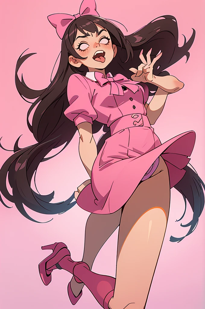 full body photo, extremely detailed, wide open mouth, a 21 year old girl licking her own hand fingers with a lot of saliva, saliva drooling, tongue out, you can see her tonsils and uvula, ahegao face, squinting eyes, her fingers touching her hand, brunette, coquette bow in hair, she is totally nude, spreading her legs, disgraced, high heels shoes, stockings, low angle, from below, vibrant pink color background