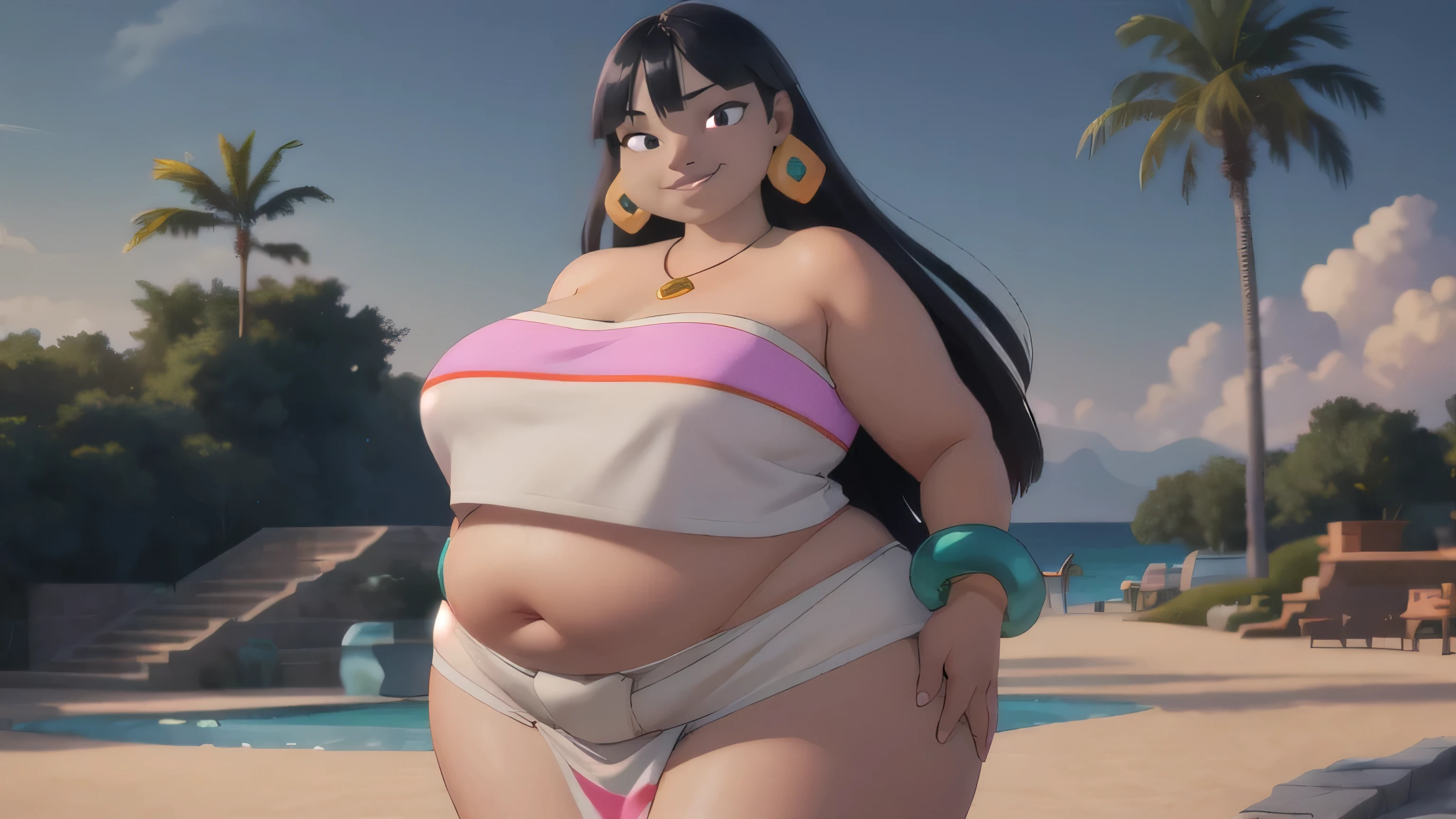 (work of art:1.2, best qualityer:1.2), soft ambient lighting, perfect lighting, 1 girl, standing alone, Chel, Bblack hair, long hair, rhombus stripe, eyes browns, darkskin, lipstick, breasts big, Broad Hips, top of the tube, neckleace, bared shoulders, emerald earrings, emerald bracelets, looking at the camera with a smug expression on his face, beach background, very large body, fat belly rolls, ssBBW, big breasts, sexy smile, fat arms, thunder thighs, super fat, BBW, looking at viewer