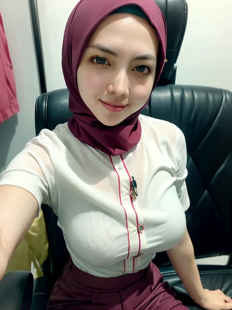 ((Beautiful white islamic girl with a beautiful face with maroon hijab)), beautiful eyes, large breast, office suit, she is a secretary, (long grey fabric pants),(pink shirt), colorful, ((office)), exposure blend, sit down, thight,, bokeh, (hdr:1.4), high contrast, (cinematic, teal and orange:0.85), low saturation,(seductive angle),(full body),(detailed eyes:1.5),((no hair)),(cowboy shot),(glowing skin),(blink),(looking at viewer),(pale skin),(blush:1.2), selfie, medium shot, she is sitting on a chair in office, wearing pink veil