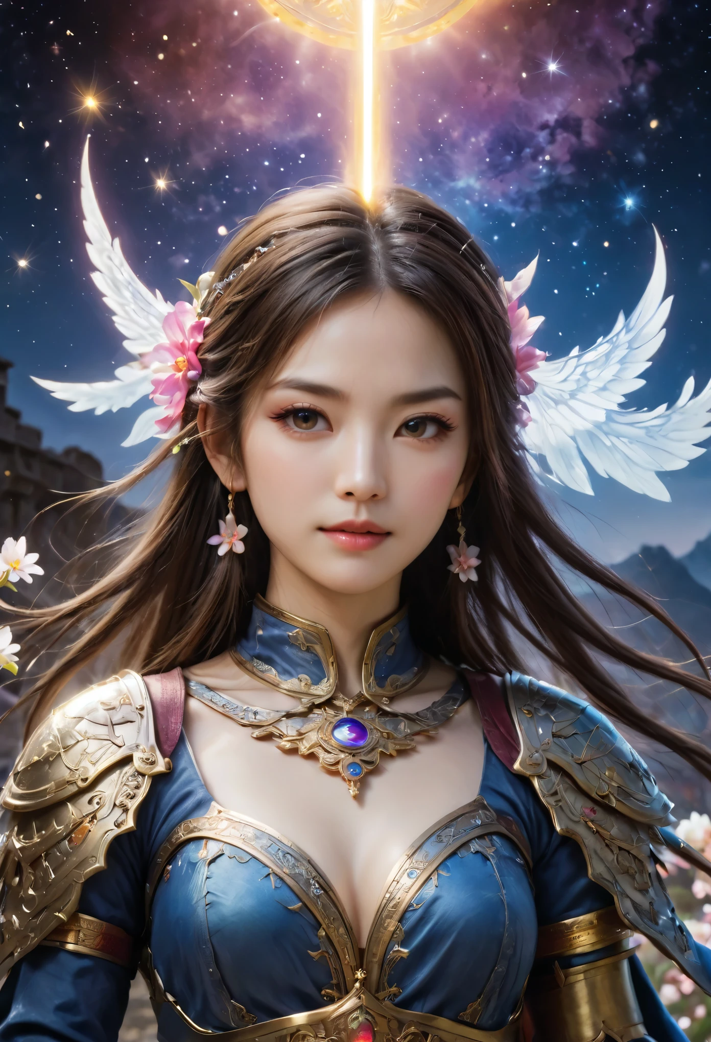 8K resolution, masterpiece, Highest quality, Award-winning works, unrealistic, final fantasy, Royal Jewel,Photorealistic Painting by Midjourney and Greg Rutkowski, , elegant, Very detailed, Delicate depiction of hair, miniature painting, Digital Painting, Art Station, Concept Art, Smooth, Sharp focus, shape, nature, Asura, God of War, Castle in the Sky, A strip of light pouring down from the sky, A pillar of light stretching to the sky, Complex colors, Buddhist Mandala, Colorful magic circle, flash, Mysterious Background, Aura, A gentle gaze, BREAK, Small faint lights and flying fireflies, night, Starry Sky, milky way, nebula, shooting star, Flowers, birds, wind and moon,erotic, sole sexy lady, healthy shaped body, Anatomically accurate skeleton, 22 years old lady, Asura, 170cm tall, huge firm bouncing busts, Holy sword in both hands, Complicated armor, Brightly colored armor