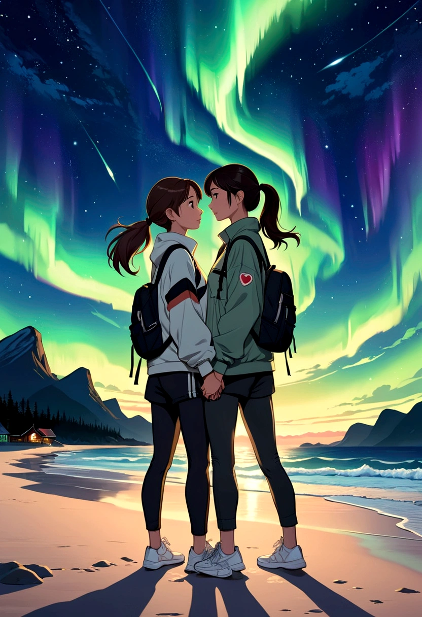 A captivating, futuristic anime illustration shows two women, Rebecca Armstrong (Kath) and Sarocha Chankimha (Lin), deeply in love. Kath is wearing a sports outfit with shorts, a black sweatshirt and a light-colored jacket and her semi-long brown hair is straight and she wears it loose, she carries a sports backpack on her left shoulder and sports shoes; Lin, with her beautiful Asian features, is dressed in a loose shirt with light-colored plaid details, black pants and sneakers, she is carrying a simple cross-body bag and her dark hair is long and tied in a ponytail. . They are holding hands under a stunning starry sky on the seashore, while exchanging loving and sweet glances. with a stunning northern lights shining brightly in the center. The illustration is designed like a movie poster, with intricate details, dynamic typography, and a cinematic atmosphere that transports viewers to the cinema, illustration, typography, and poster.