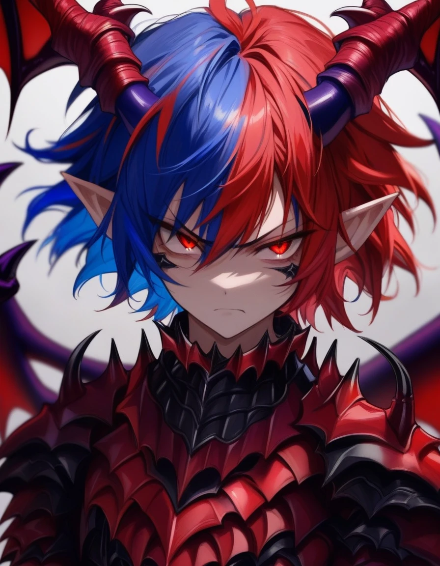 Masterpiece, detailed, Best Quality , Chico , red hair and blue hair , multicolored hair , demonic armor , demonic horns , dragon wings, short hair , serious expression , demonic ears , demonic red eye , Alone , 18 years , high
