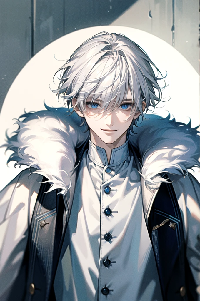 ((Masterpiece)), Best Quality, Ultra Detailed, Floating, High Resolution, (1 boy), short hair, white hair, blue eyes, smile facial, white shirt, fur coat