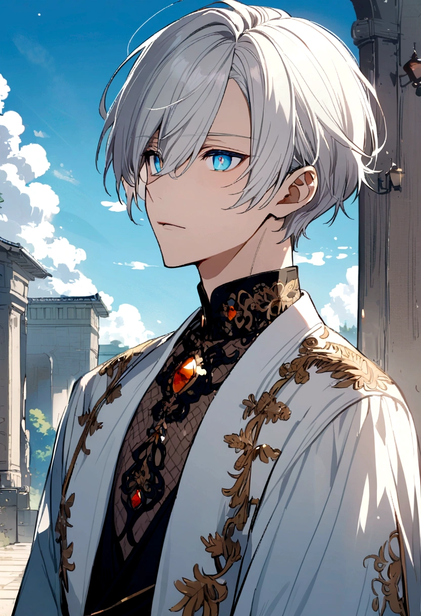 anime boy with white hair and light blue sky eyes
