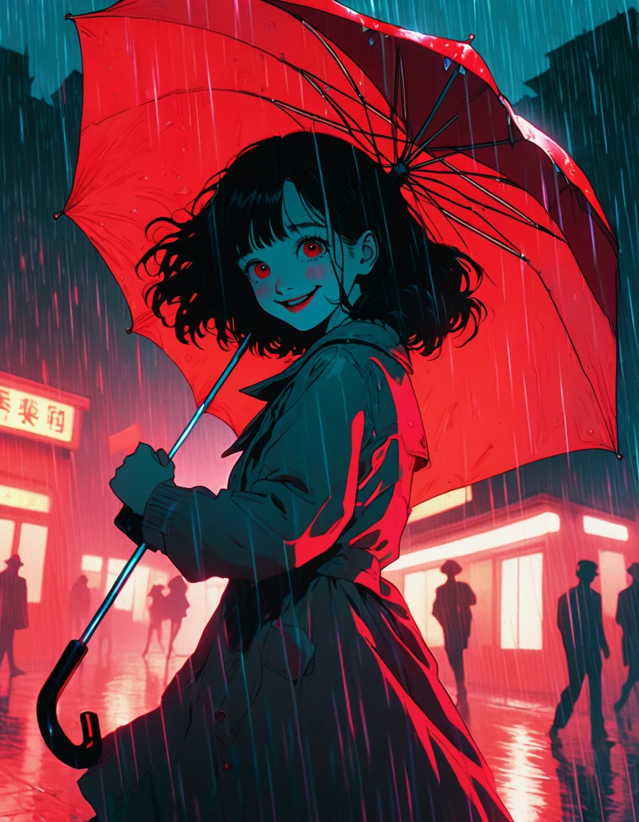 illust、art、from 80s horror movie, directed by Junji Ito、darkness、Red rain、Smiling Girl、nightmare、anxiety、high detail, realsitic shadow、Analog style, vhs style, 8mm film, chromatic aberration, Dvd screengrab、Surrealism、A girl is dancing with an umbrella、Complementary color gradient
