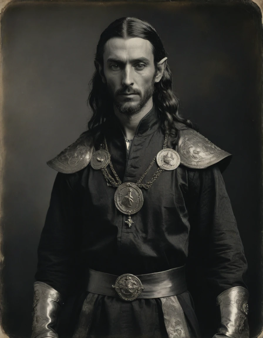 by Théodore Géricault, ((((Rough monochrome, daguerreotype)))), the composition is: (((male high elf, bronze skin, elven ears, Byzantine beard, long hair, he is wearing a black Mughal caftan with Hanfu elements, sashes, medals, pendants))).